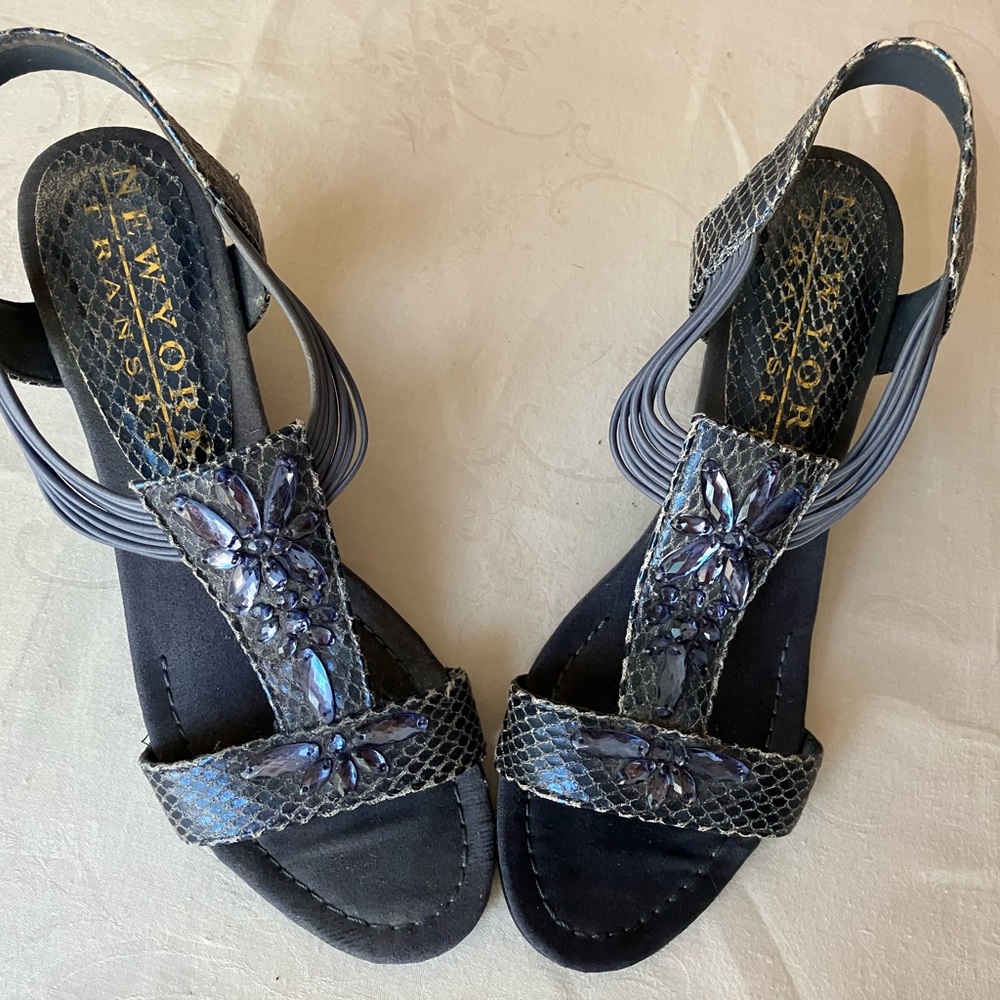 New York Transit Blue/Grey stacked heel Sandals